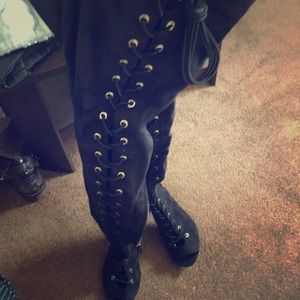 Over the knee lace up black suede heels